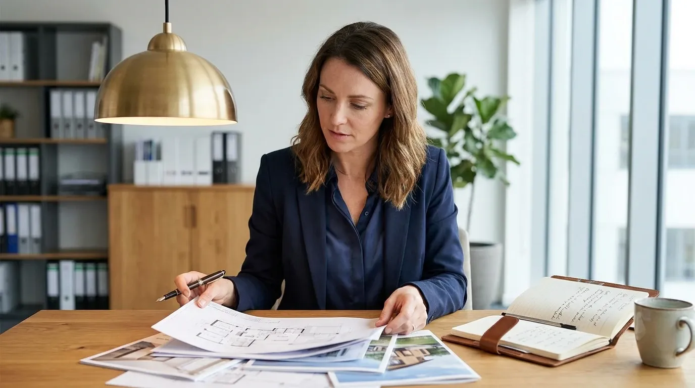 Maklerin sortiert die Fragen-Liste